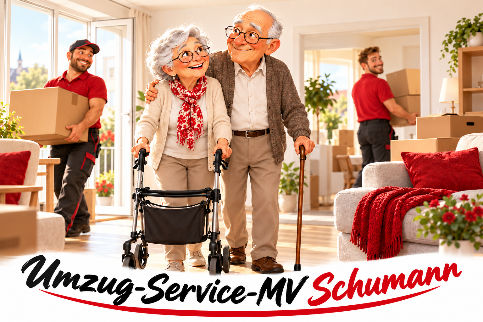 Karikatur: glückliches Seniorenpaar mit Stock und Rollator beim Umzug