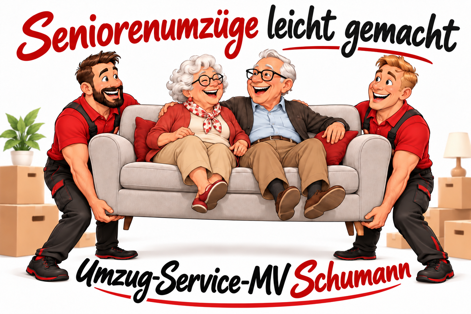 Karikatur: Oma und Opa sitzen lachend auf einem Sofa, das zwei Umzugshelfer tragen. Seniorenumzüge leicht gemacht.