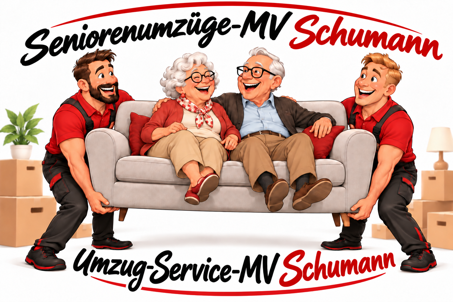 Seniorenumzüge leicht gemacht – Oma und Opa auf dem Sofa mit Umzugshelfern
